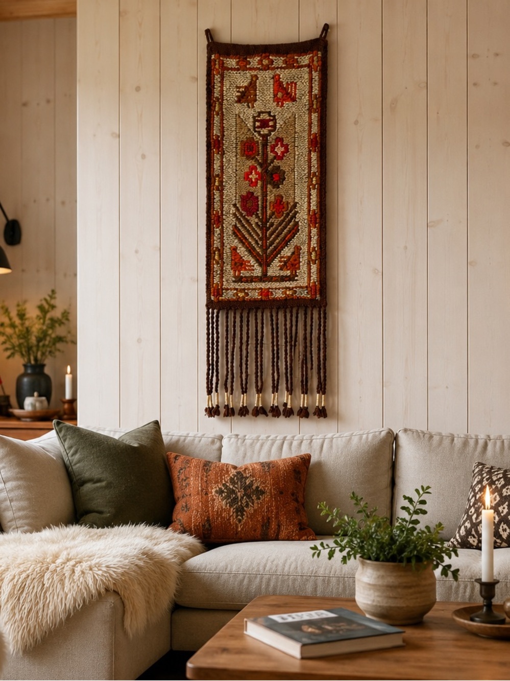 Norwegian folk-inspired textile art wall decor